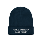 Dark navy rib-knit beanie hat with a folded cuff, featuring the embroidered phrase “MAKE AMERICA RAGE AGAIN” in white, em