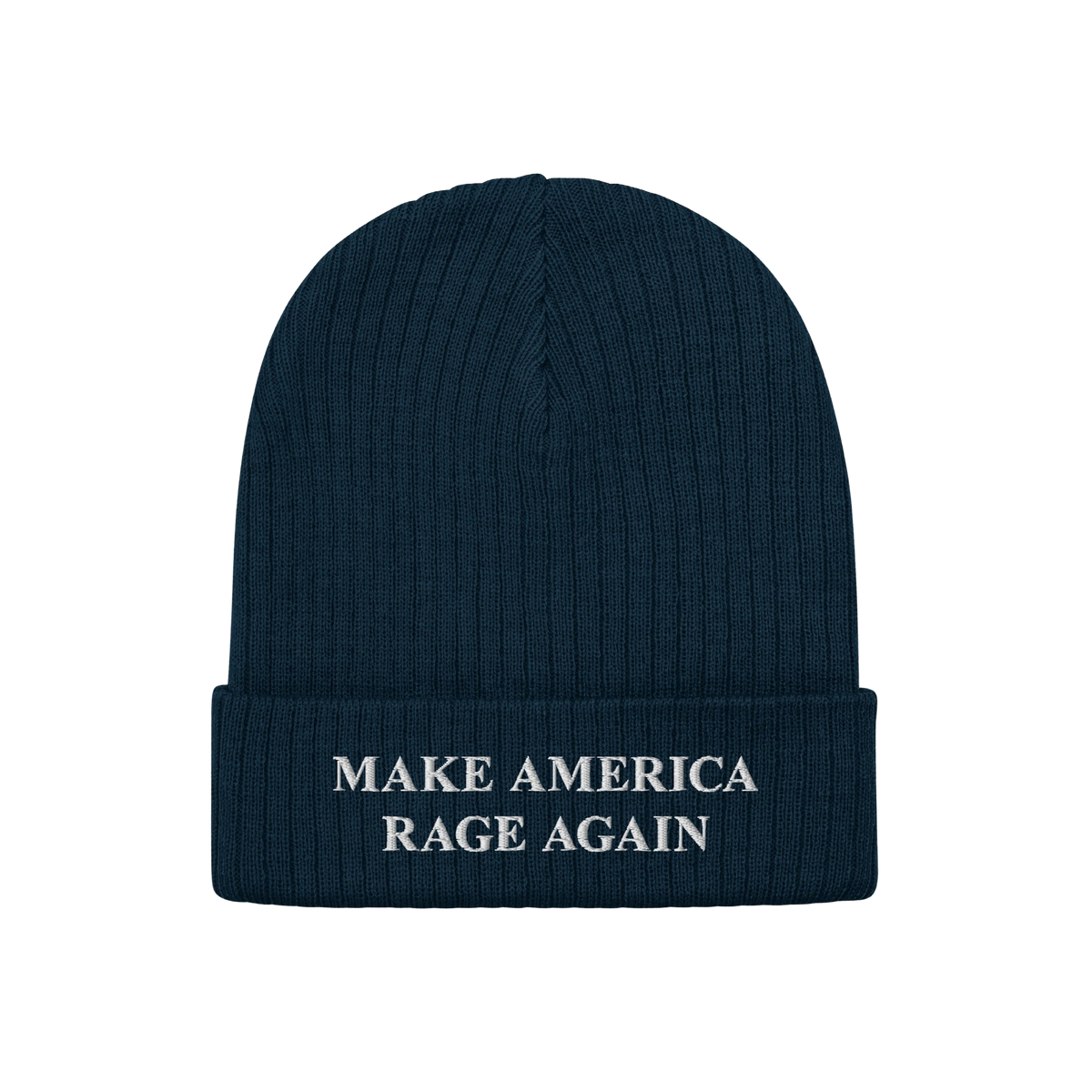 Dark navy rib-knit beanie hat with a folded cuff, featuring the embroidered phrase “MAKE AMERICA RAGE AGAIN” in white, em