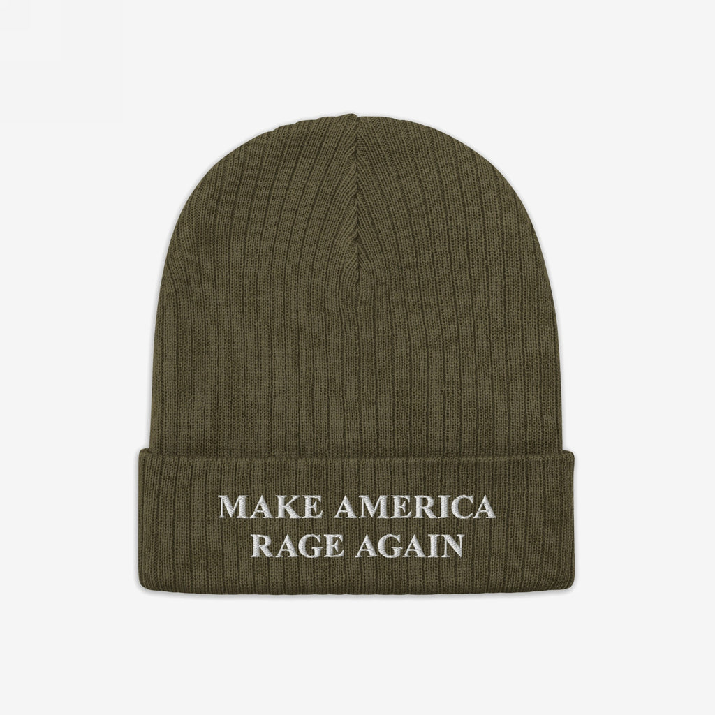 Olive-green knit beanie with a folded cuff, featuring the slogan MAKE AMERICA RAGE AGAIN embroidered in white, embodying a bold anti-fascist message from the Make America Rage Again Hat collection.