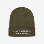 Olive-green knit beanie with a folded cuff, featuring the slogan MAKE AMERICA RAGE AGAIN embroidered in white, embodying a bold anti-fascist message from the Make America Rage Again Hat collection.