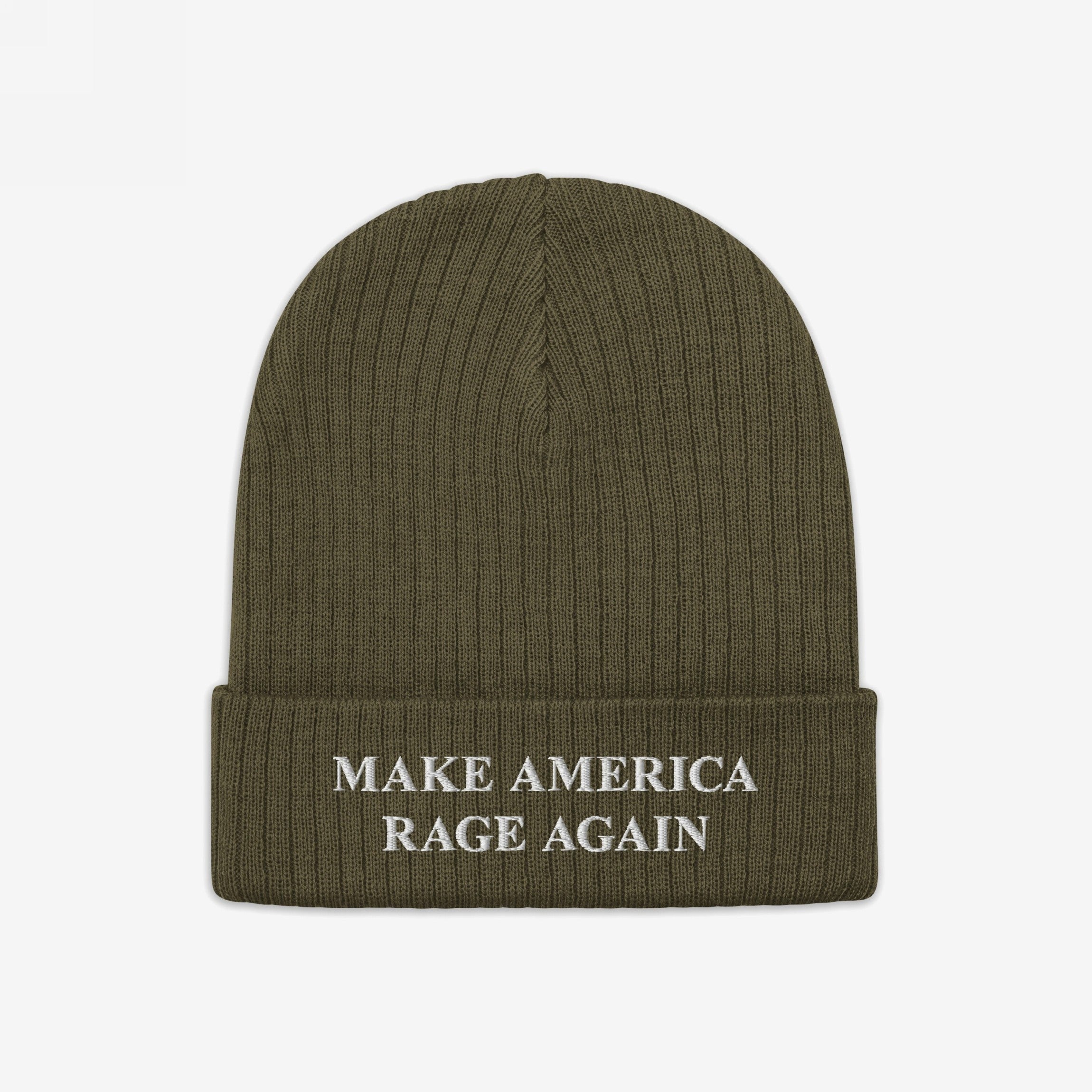 Olive-green knit beanie with a folded cuff, featuring the slogan MAKE AMERICA RAGE AGAIN embroidered in white, embodying a bold anti-fascist message from the Make America Rage Again Hat collection.