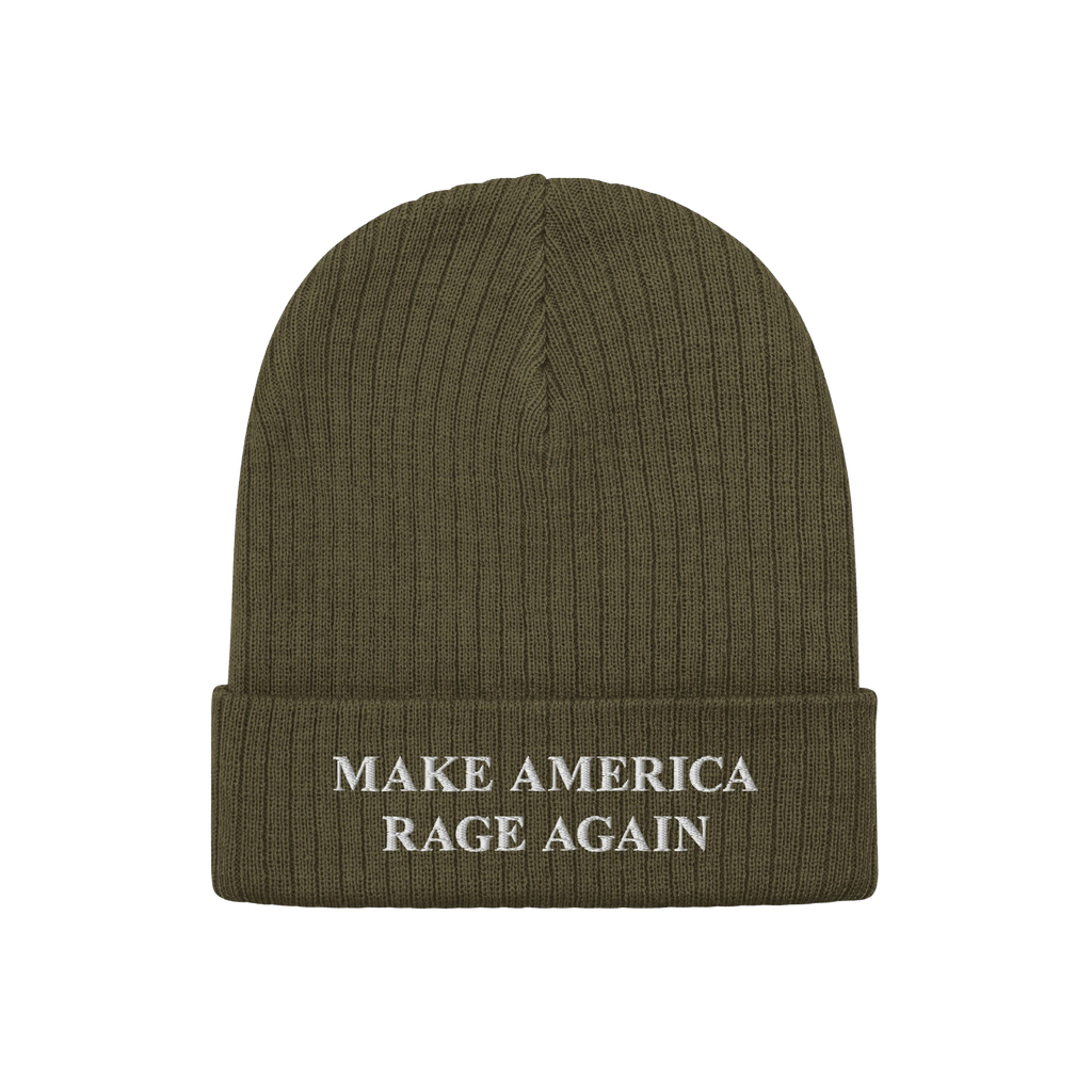 Olive-green knit beanie with a folded cuff, featuring the slogan MAKE AMERICA RAGE AGAIN embroidered in white, embodying a bo