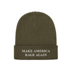 Olive-green knit beanie with a folded cuff, featuring the slogan MAKE AMERICA RAGE AGAIN embroidered in white, embodying a bo