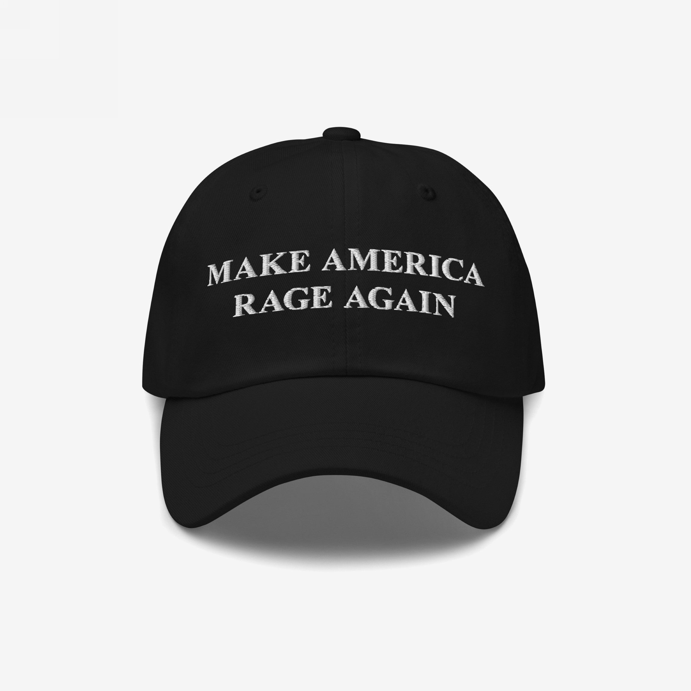Black six-panel baseball cap with curved brim, featuring MAKE AMERICA RAGE AGAIN slogan in white embroidery. A bold statement piece reflecting anti-fascist values and support for equality.