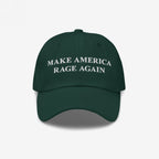 Dark-green Make America Rage Again hat with bold, white embroidery. Ideal for expressing anti-fascist sentiments. Perfect for marches or daily wear, embodying resistance and solidarity.