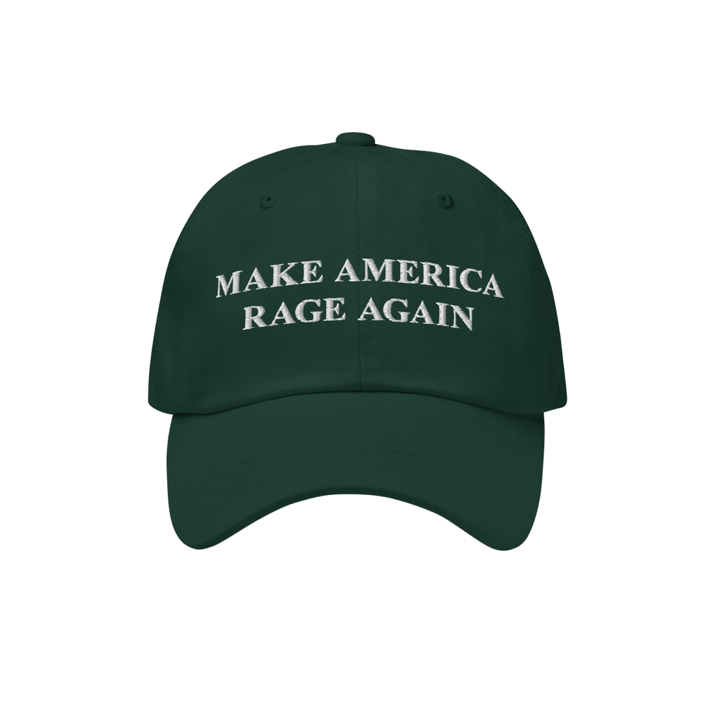 Dark-green Make America Rage Again hat with bold, white embroidery. Ideal for expressing anti-fascist sentiments. Perfect for