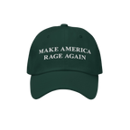 Dark-green Make America Rage Again hat with bold, white embroidery. Ideal for expressing anti-fascist sentiments. Perfect for