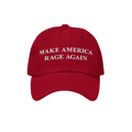 Make America Rage Again Hat: A red baseball cap featuring bold white embroidery of “MAKE AMERICA RAGE AGAIN,” reflecting 