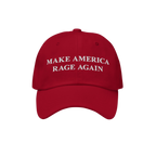 Make America Rage Again Hat: A red baseball cap featuring bold white embroidery of “MAKE AMERICA RAGE AGAIN,” reflecting 