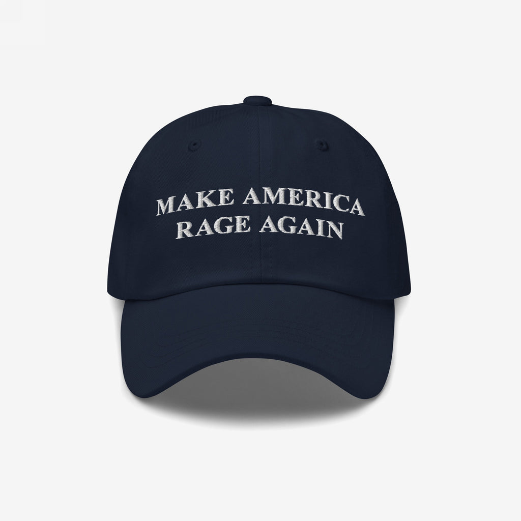 Dark-navy Make America Rage Again Hat with white embroidered text, embodying anti-fascist protest spirit. Ideal for marches and daily wear, showcasing commitment to equality and resistance.