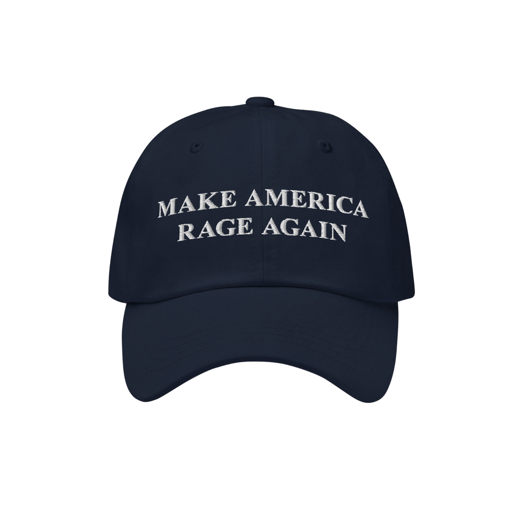 Dark-navy Make America Rage Again Hat with white embroidered text, embodying anti-fascist protest spirit. Ideal for marches a