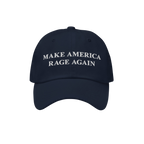 Dark-navy Make America Rage Again Hat with white embroidered text, embodying anti-fascist protest spirit. Ideal for marches a