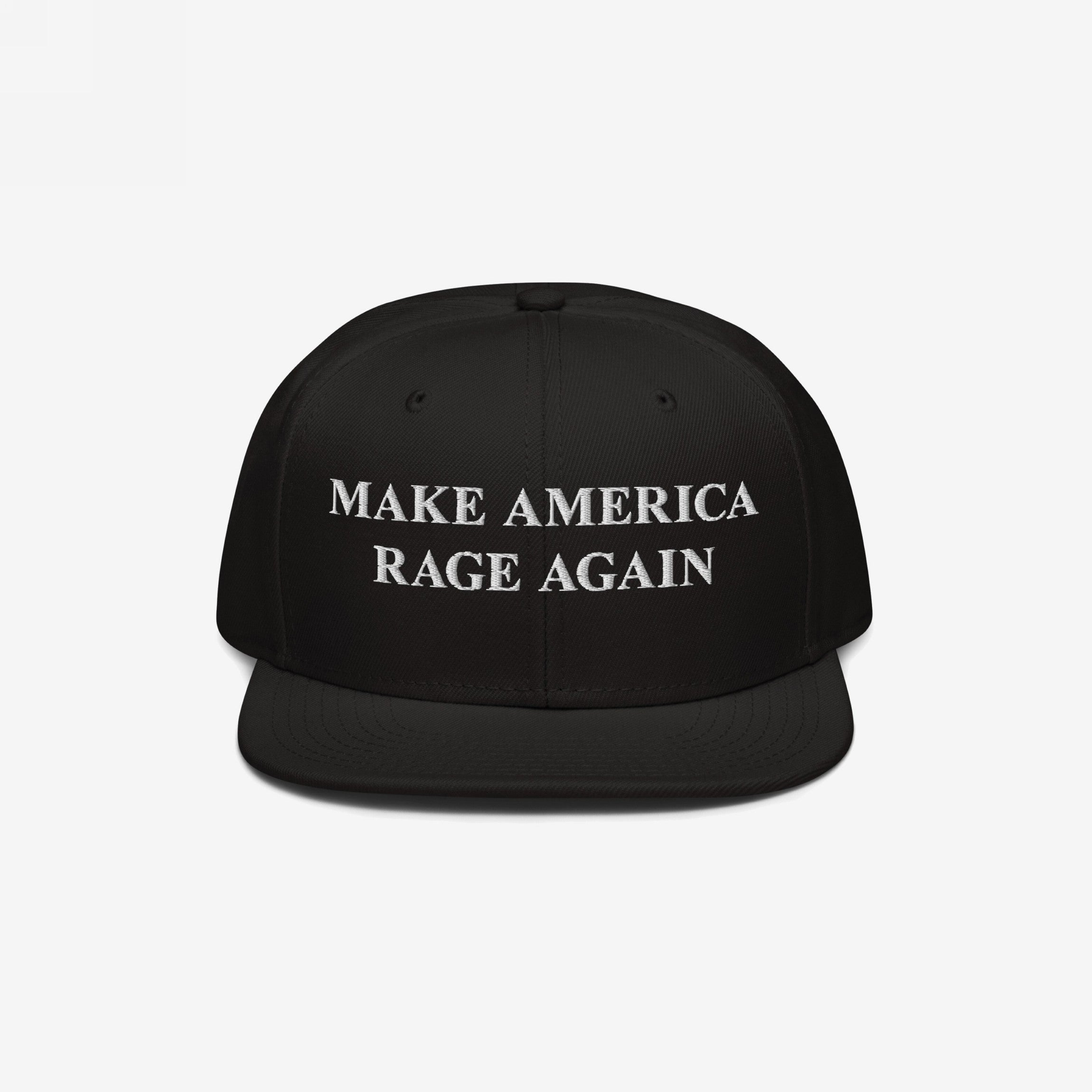 Black flat-brimmed Make America Rage Again hat with bold white embroidery, symbolizing anti-fascist protest. Ideal for visible activism, this cap is a statement piece reflecting resistance and solidarity.