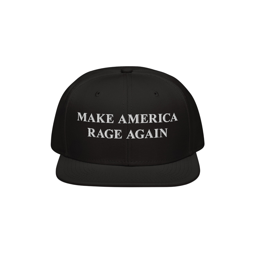 Black flat-brimmed Make America Rage Again hat with bold white embroidery, symbolizing anti-fascist protest. Ideal for visibl