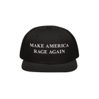 Black flat-brimmed Make America Rage Again hat with bold white embroidery, symbolizing anti-fascist protest. Ideal for visibl
