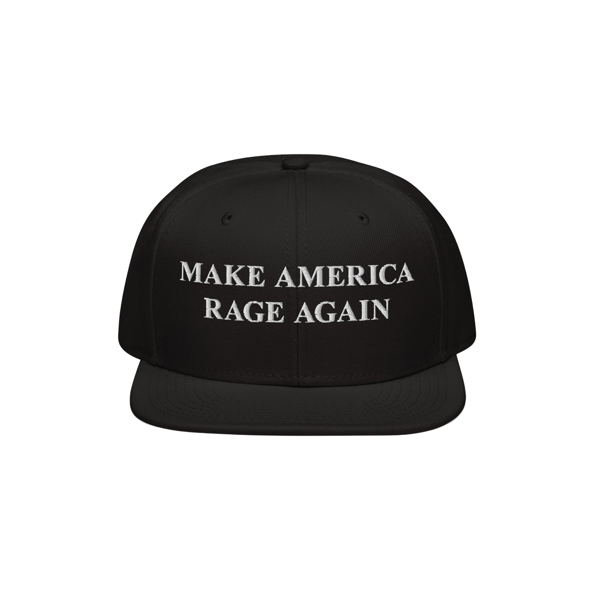 Black flat-brimmed Make America Rage Again hat with bold white embroidery, symbolizing anti-fascist protest. Ideal for visibl