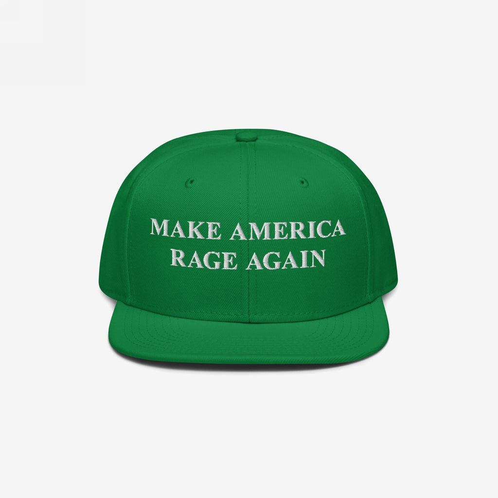 Green flat-brimmed Make America Rage Again Hat with white embroidered text, symbolizing anti-fascist protest. Ideal for expressing values at events or daily wear, available in various styles.