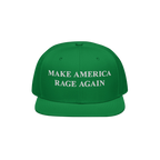 Green flat-brimmed Make America Rage Again Hat with white embroidered text, symbolizing anti-fascist protest. Ideal for expre