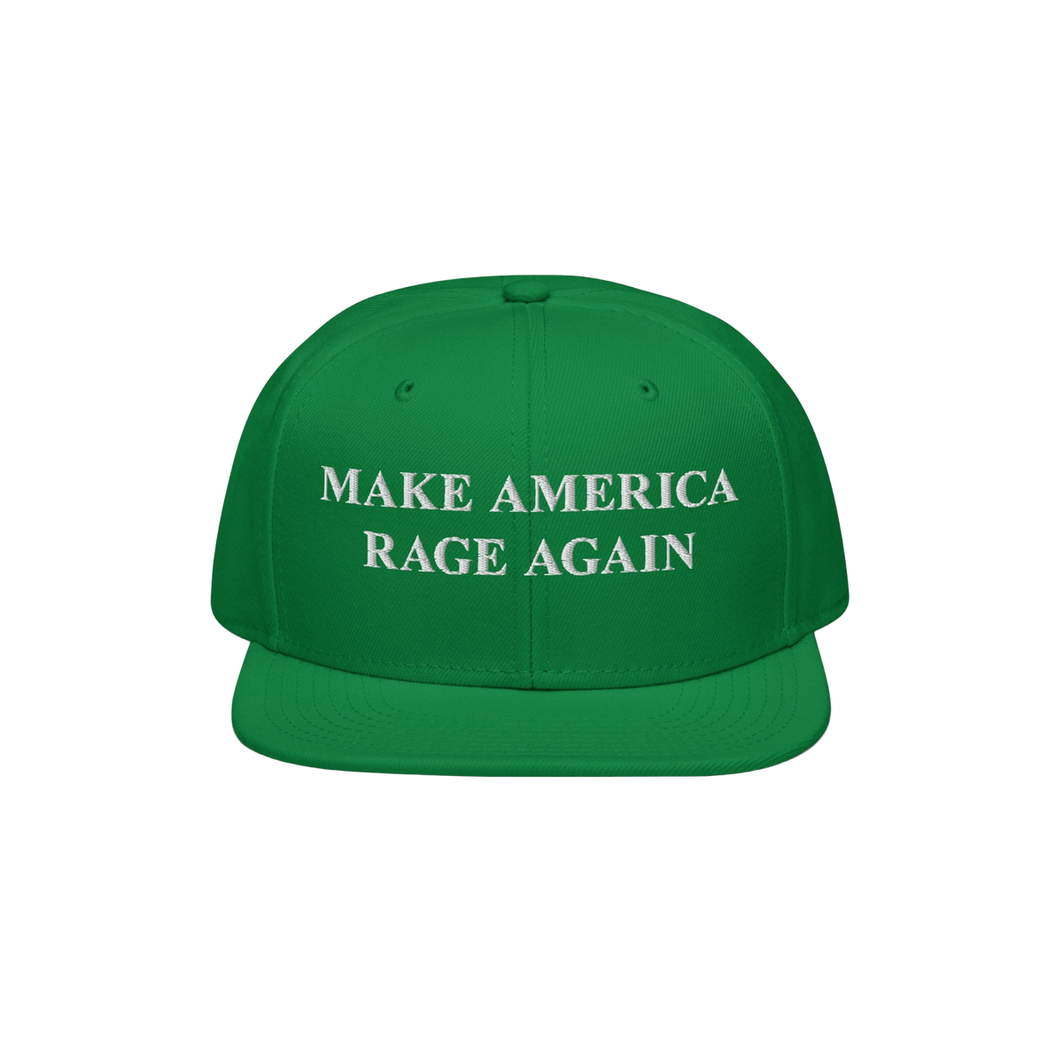 Green flat-brimmed Make America Rage Again Hat with white embroidered text, symbolizing anti-fascist protest. Ideal for expre