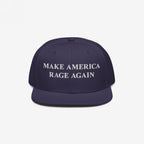 Navy flat-brim cap with white embroidered MAKE AMERICA RAGE AGAIN text, parodying political slogans, reflecting anti-fascist sentiment. Perfect for protests and everyday wear to showcase progressive values.