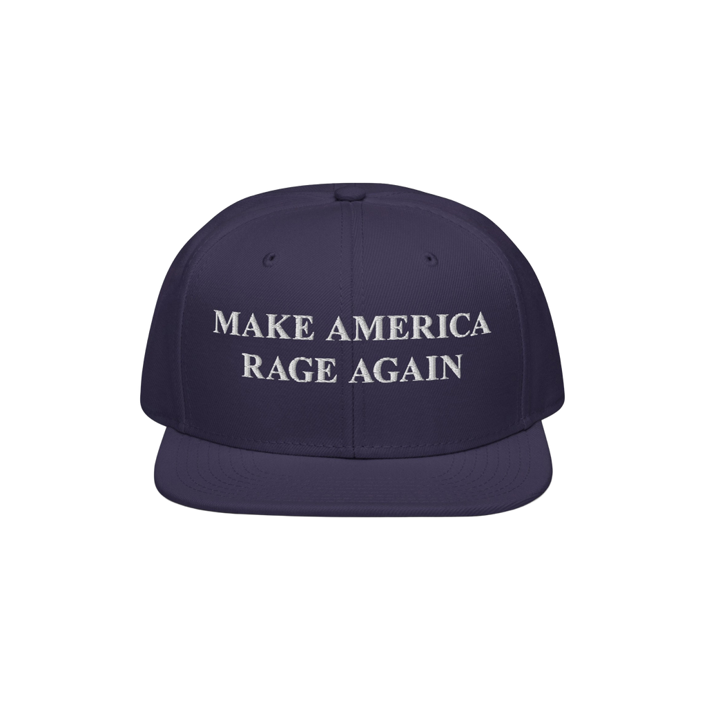 Navy flat-brim cap with white embroidered MAKE AMERICA RAGE AGAIN text, parodying political slogans, reflecting anti-fascist 