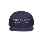 Navy flat-brim cap with white embroidered MAKE AMERICA RAGE AGAIN text, parodying political slogans, reflecting anti-fascist 