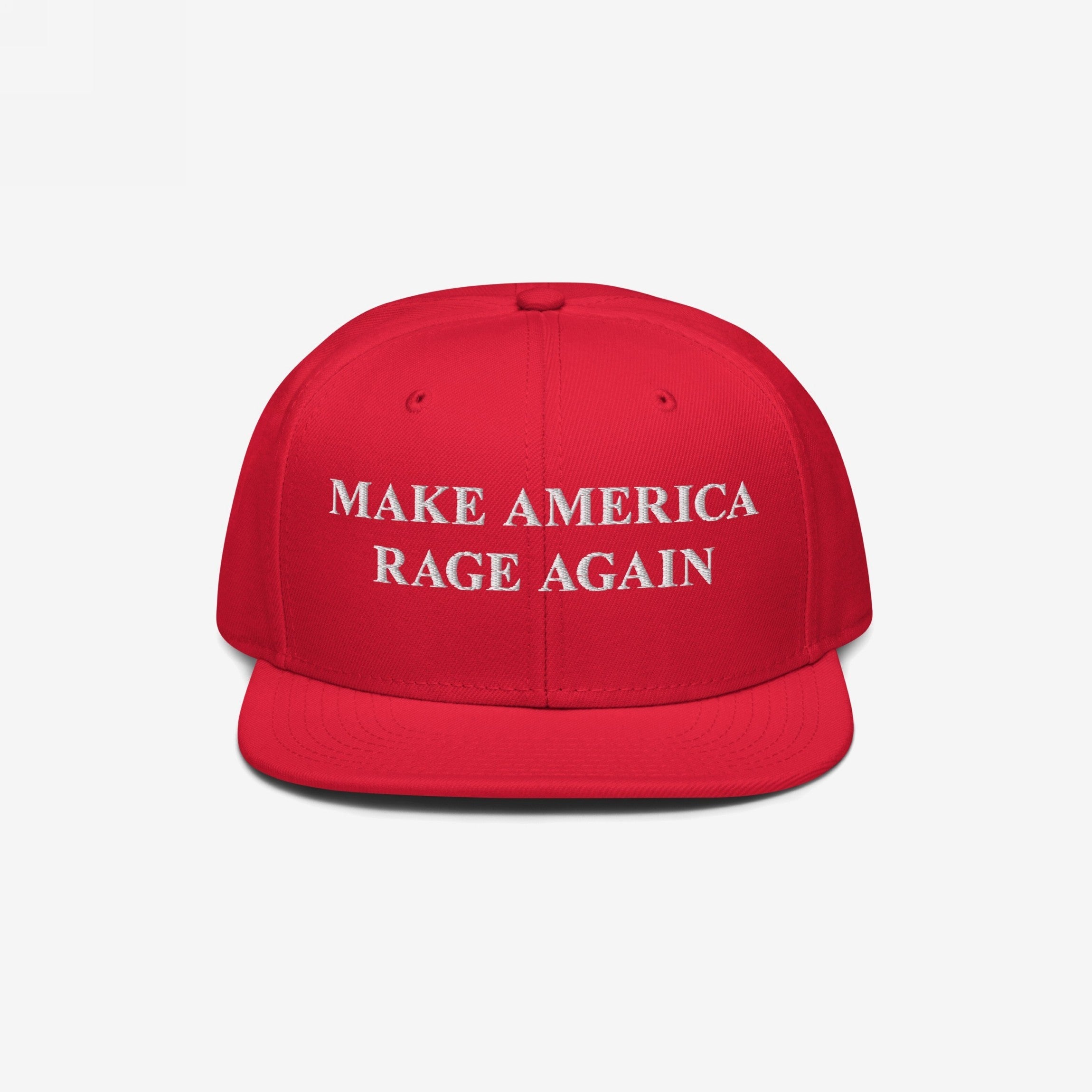 Make America Rage Again Hat features a flat-brimmed red design with bold white embroidery, symbolizing anti-fascist protest. Perfect for expressing your values at events or daily wear.