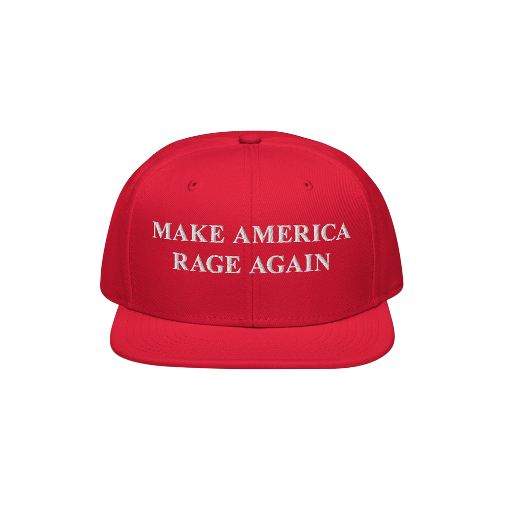 Make America Rage Again Hat features a flat-brimmed red design with bold white embroidery, symbolizing anti-fascist protest. 