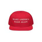 Make America Rage Again Hat features a flat-brimmed red design with bold white embroidery, symbolizing anti-fascist protest. 