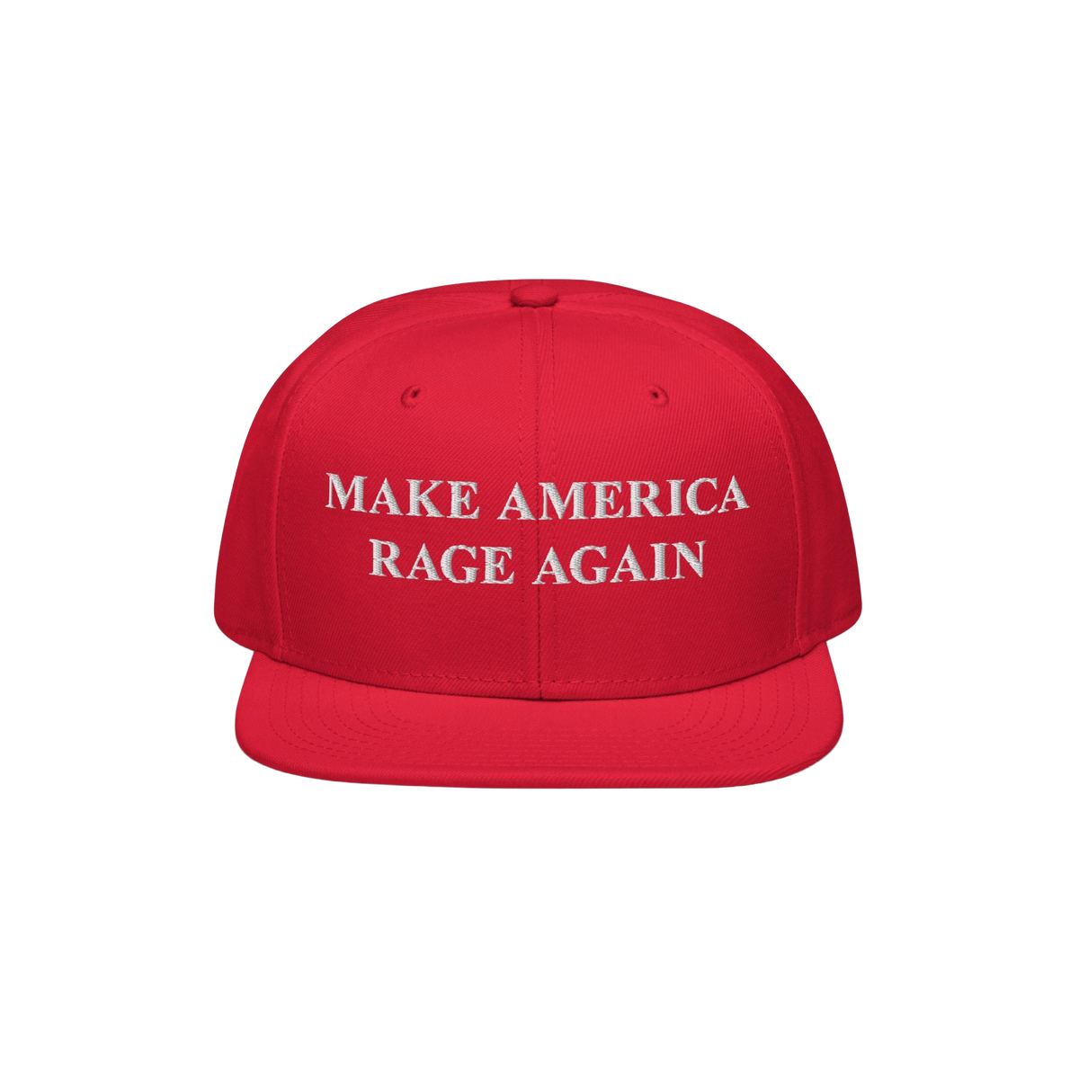 Make America Rage Again Hat features a flat-brimmed red design with bold white embroidery, symbolizing anti-fascist protest. 