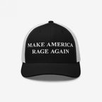 Black-and-white trucker-style cap titled Make America Rage Again with bold white embroidery on the front, symbolizing anti-fascist protest. Ideal for showcasing activism at events and daily activities.