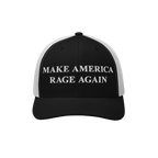 Black-and-white trucker-style cap titled Make America Rage Again with bold white embroidery on the front, symbolizing anti-fa