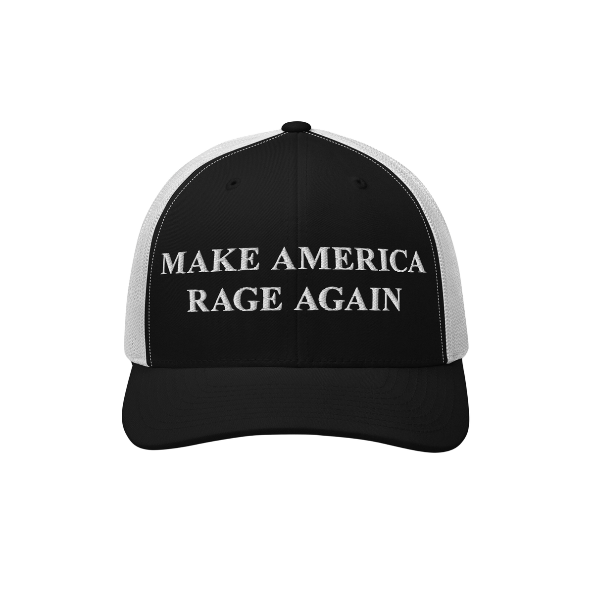 Black-and-white trucker-style cap titled Make America Rage Again with bold white embroidery on the front, symbolizing anti-fa