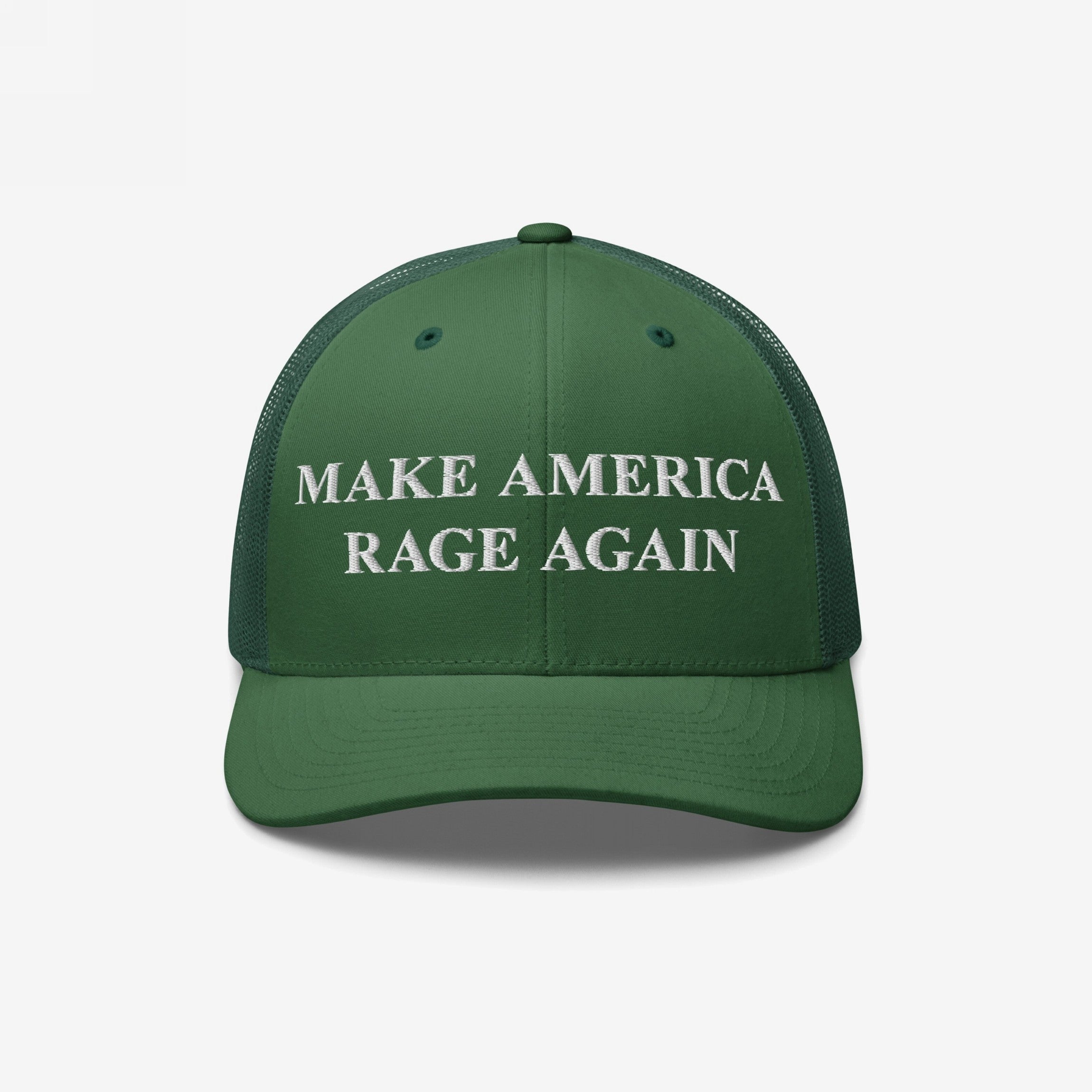 Make America Rage Again Hat: Green trucker-style cap with white embroidery reading “MAKE AMERICA RAGE AGAIN,” featuring a solid front and mesh back, embodying anti-fascist protest spirit and visible values.