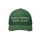 Make America Rage Again Hat: Green trucker-style cap with white embroidery reading “MAKE AMERICA RAGE AGAIN,” featuring a