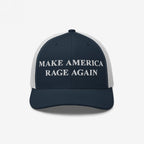 Make America Rage Again Hat: Navy-blue and white mesh trucker cap with bold MAKE AMERICA RAGE AGAIN slogan embroidered in white, embodying anti-fascist protest spirit for visible activism.