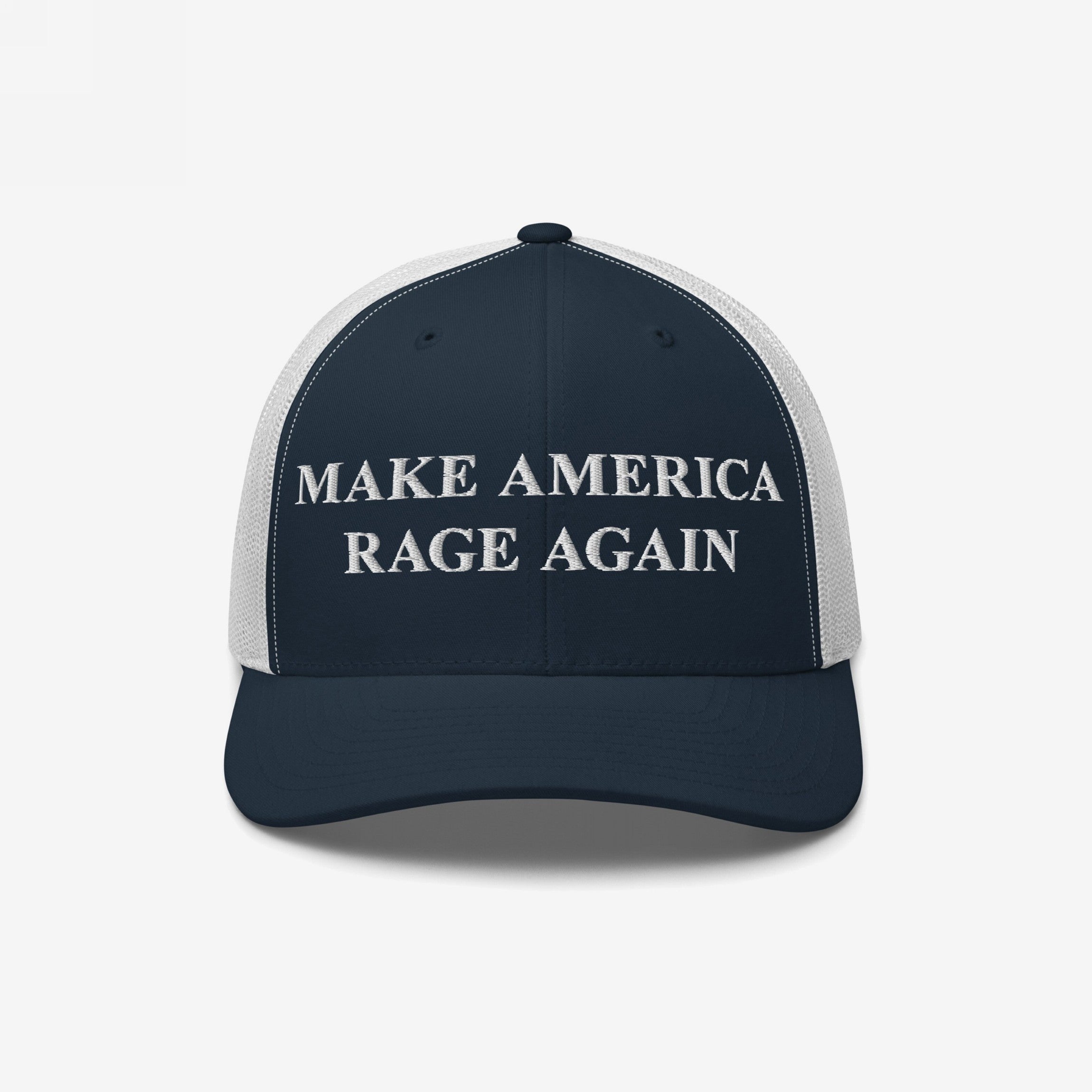 Make America Rage Again Hat: Navy-blue and white mesh trucker cap with bold MAKE AMERICA RAGE AGAIN slogan embroidered in white, embodying anti-fascist protest spirit for visible activism.