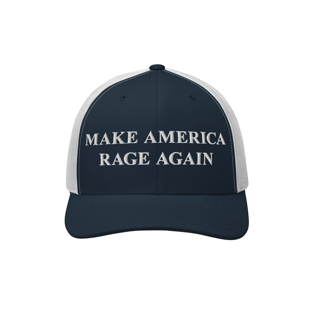 Make America Rage Again Hat: Navy-blue and white mesh trucker cap with bold MAKE AMERICA RAGE AGAIN slogan embroidered in whi