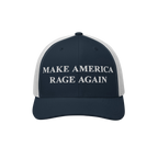 Make America Rage Again Hat: Navy-blue and white mesh trucker cap with bold MAKE AMERICA RAGE AGAIN slogan embroidered in whi