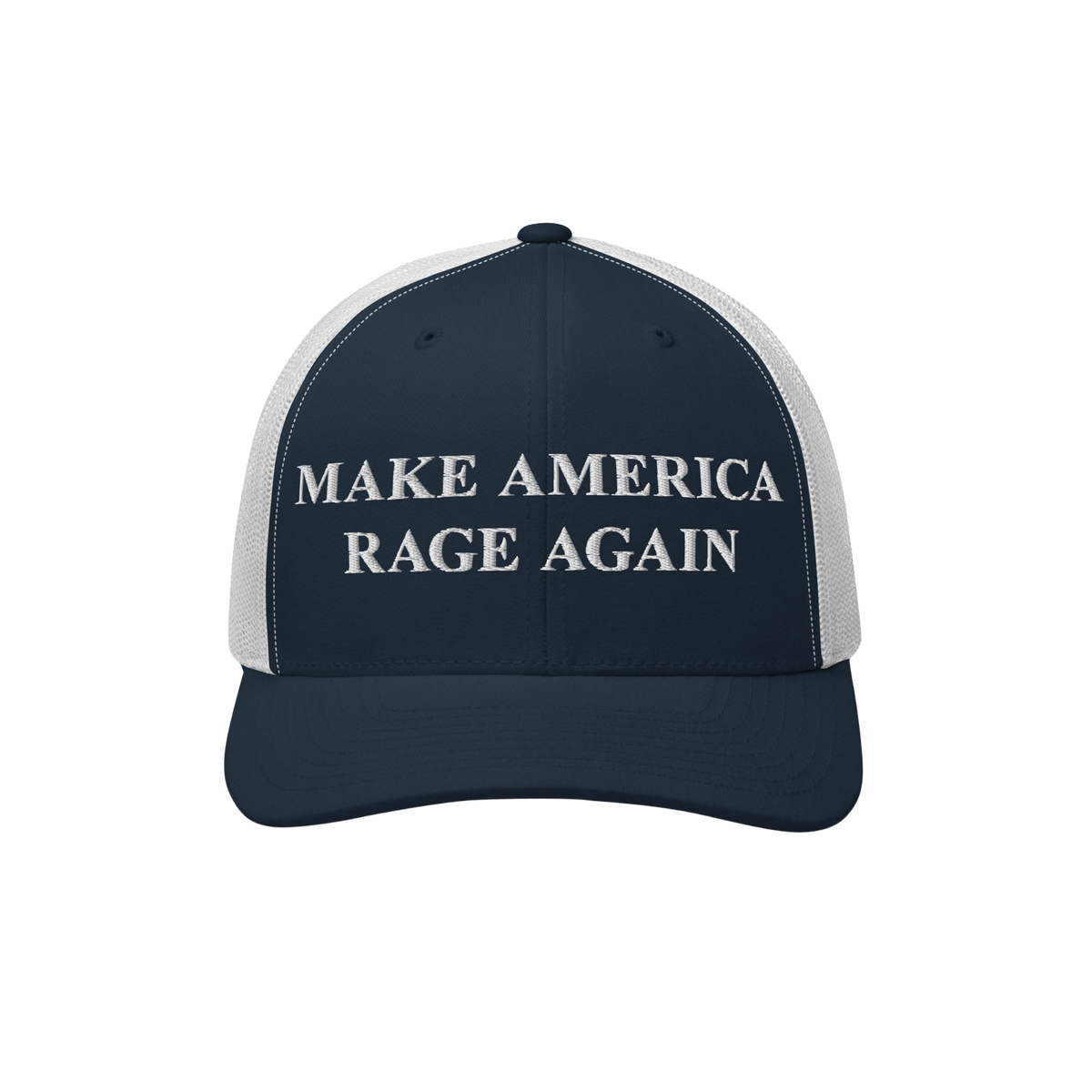 Make America Rage Again Hat: Navy-blue and white mesh trucker cap with bold MAKE AMERICA RAGE AGAIN slogan embroidered in whi
