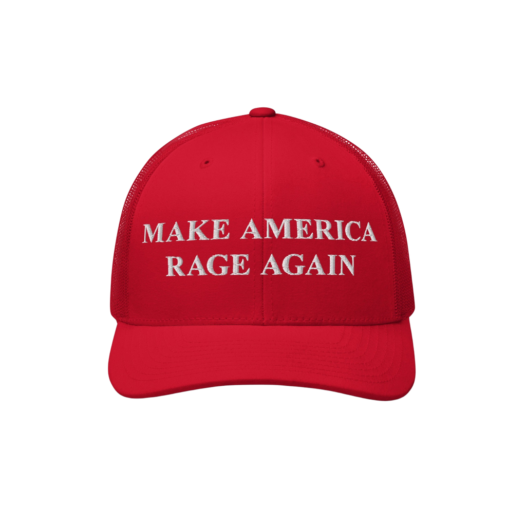 Bright red trucker-style baseball cap with white embroidered text: “MAKE AMERICA RAGE AGAIN.” A bold anti-fascist stateme