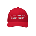 Bright red trucker-style baseball cap with white embroidered text: “MAKE AMERICA RAGE AGAIN.” A bold anti-fascist stateme