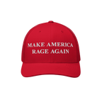 Bright red trucker-style baseball cap with white embroidered text: “MAKE AMERICA RAGE AGAIN.” A bold anti-fascist stateme