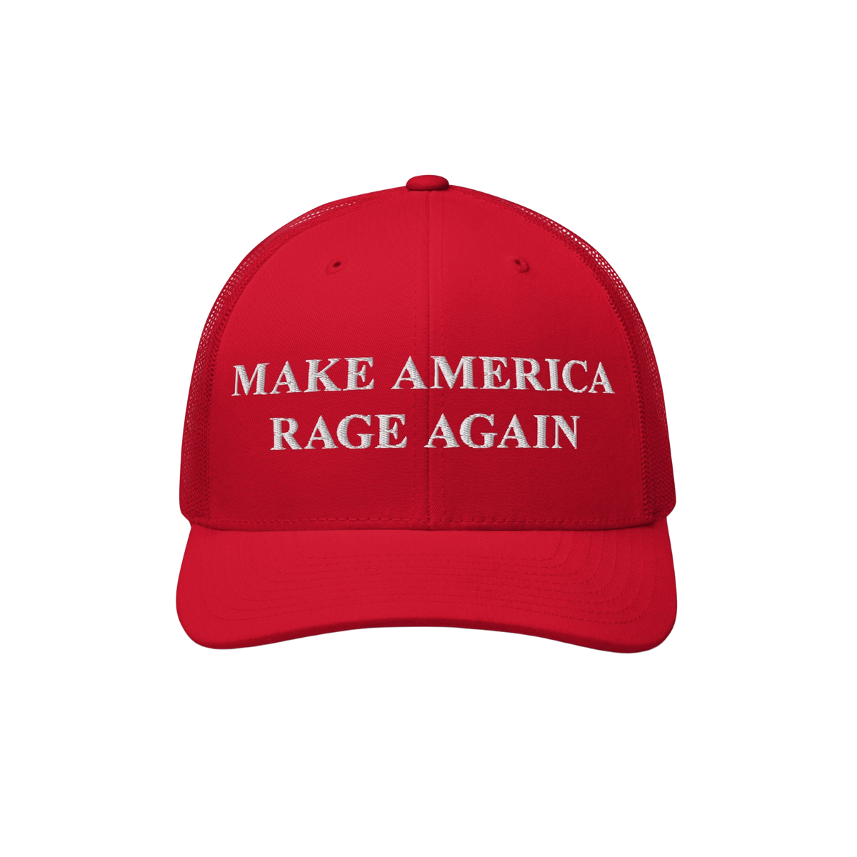Bright red trucker-style baseball cap with white embroidered text: “MAKE AMERICA RAGE AGAIN.” A bold anti-fascist stateme