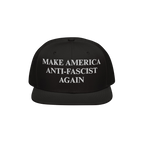 Black flat-brim snapback hat with MAKE AMERICA ANTI-FASCIST AGAIN in white embroidery, promoting democratic values and anti-f