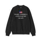 Black crew-neck sweatshirt featuring Make America Anti-Fascist Again beneath a stylized American flag, designed to symbolize 