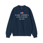 Navy-blue crewneck sweatshirt with Make America Anti-Fascist Again under a small American flag, embodying a bold stance again