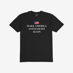 Make America Anti-Fascist Again T-shirt featuring a small distressed American flag and bold serif slogan, embodies a strong stance against fascism and authoritarianism, aligning with progressive, equality-supporting values.