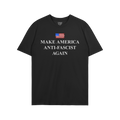 Make America Anti-Fascist Again T-shirt featuring a small distressed American flag and bold serif slogan, embodies a strong s