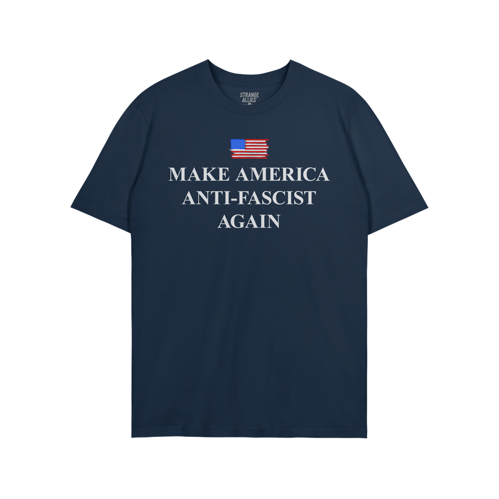 Navy-blue T-shirt featuring a distressed American flag and bold “MAKE AMERICA ANTI-FASCIST AGAIN” slogan, advocating agai